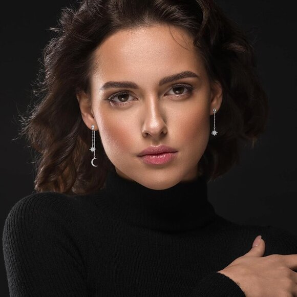 Sterling Silver Moon Star Earrings - Picture 2 of 7